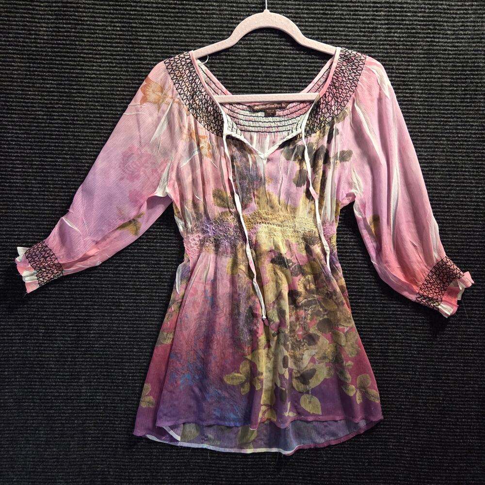 Fairy Renaissance Pink Floral Peasant Babydoll Top Women's Small